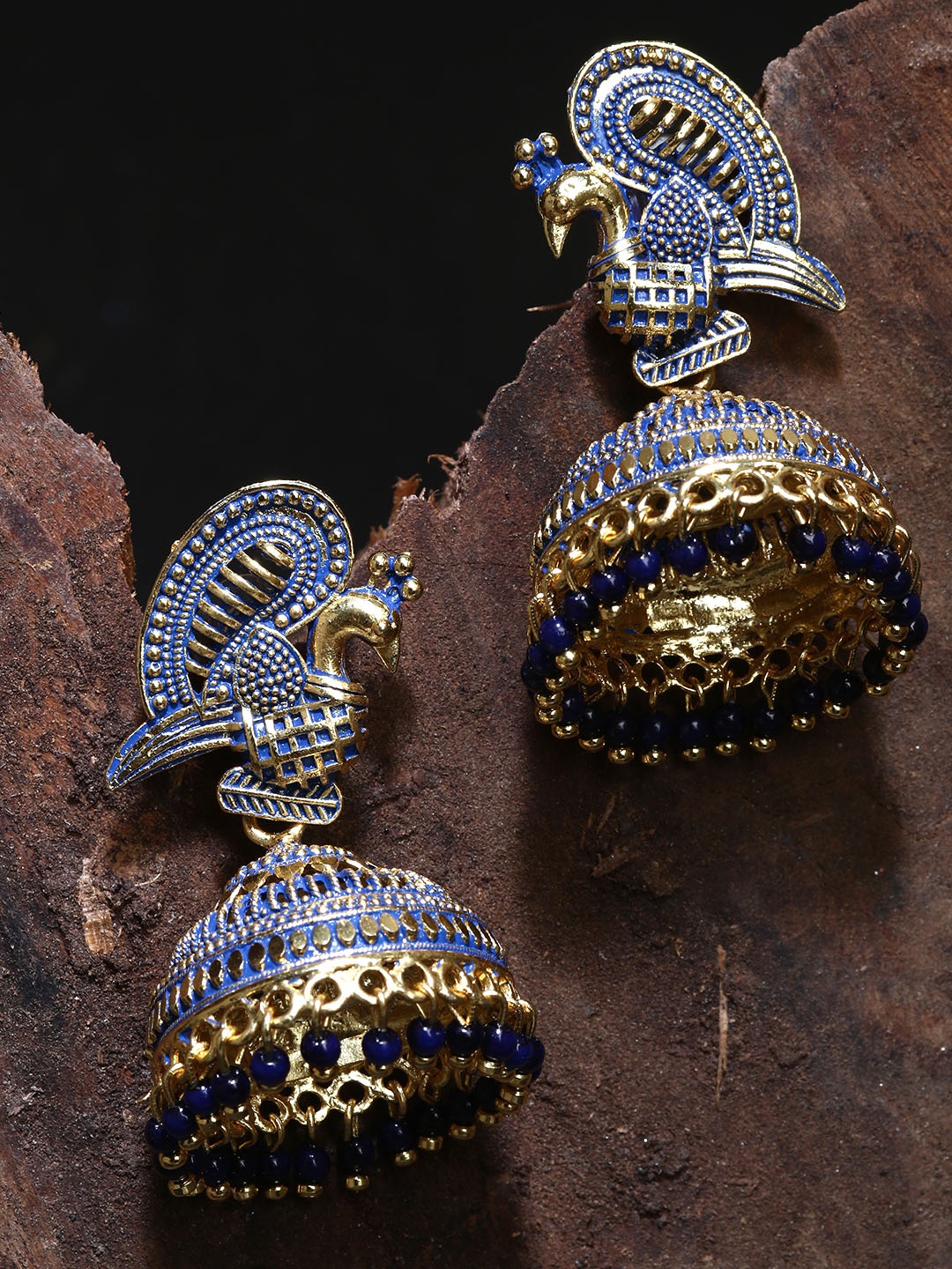 

ANIKAS CREATION Gold Plated & Blue Enamelled Peacock Shaped Jhumkas