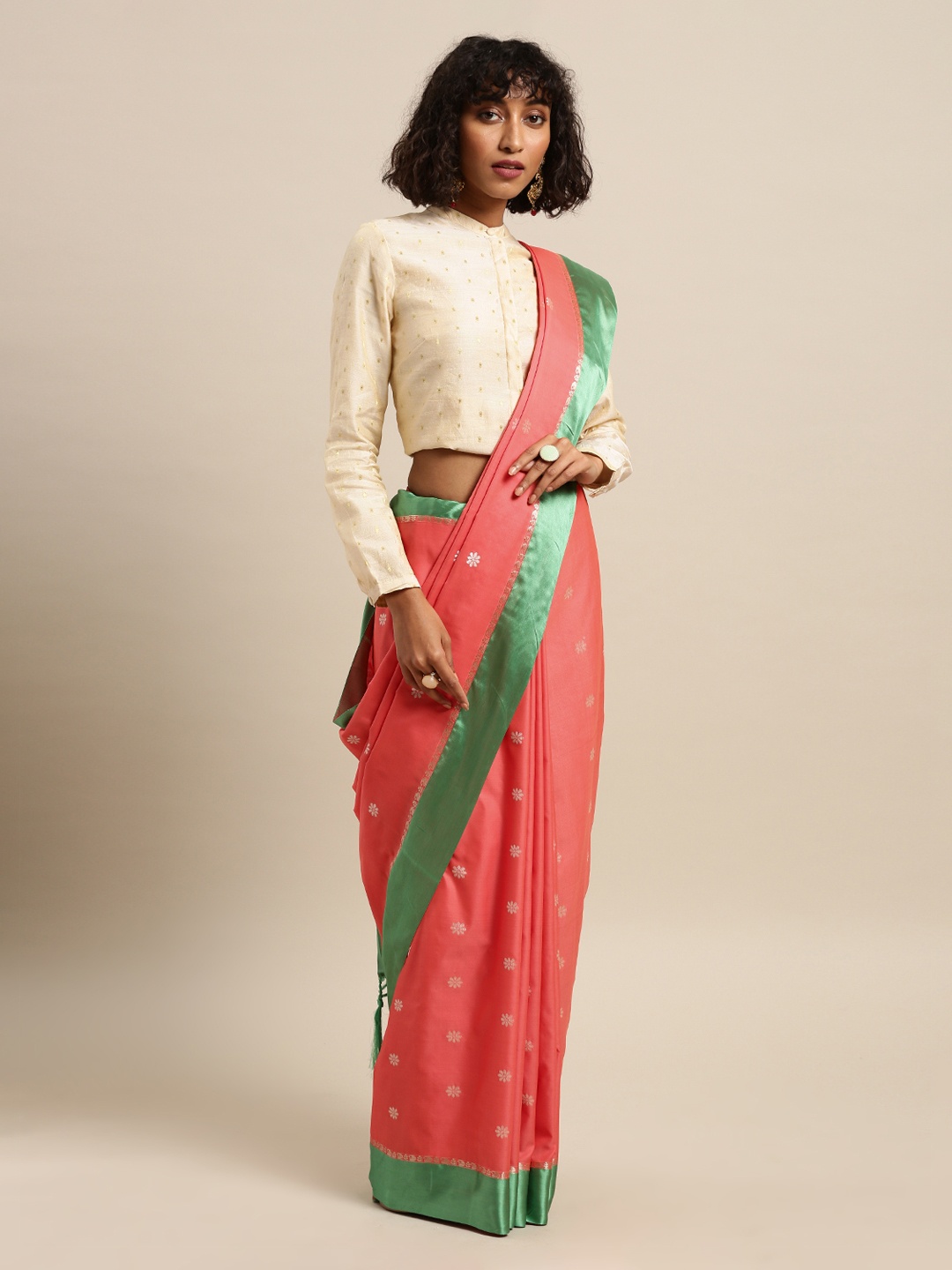 

Mitera Coral Red Silk Blend Woven Design Paithani Saree