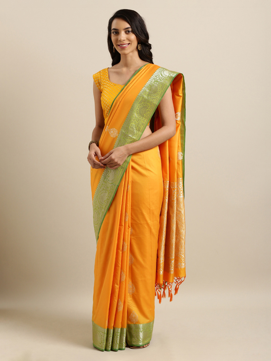 

Mitera Mustard Yellow Silk Blend Woven Design Kanjeevaram Saree