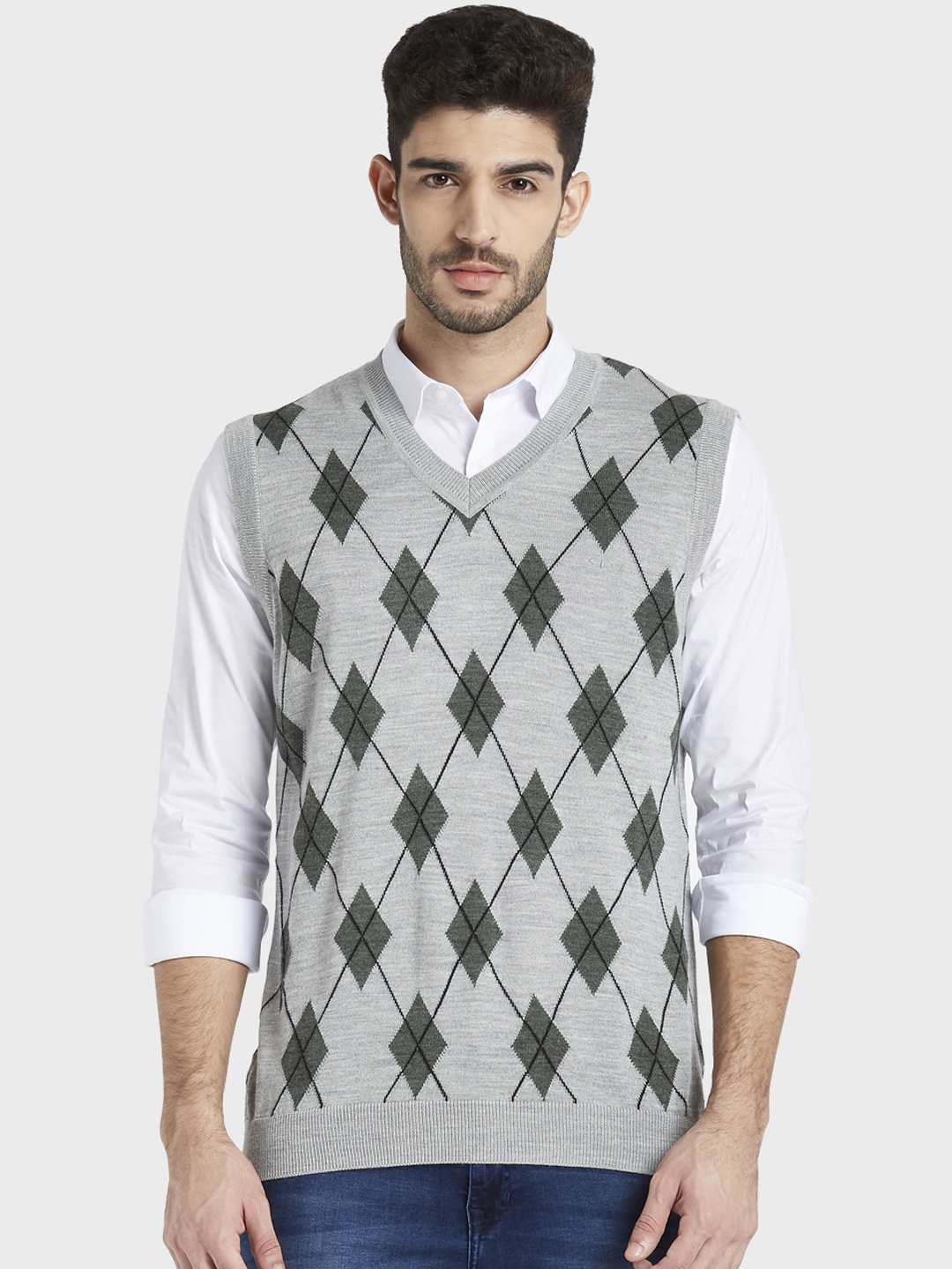 

ColorPlus Men Grey & Olive Green Self Design Sweater