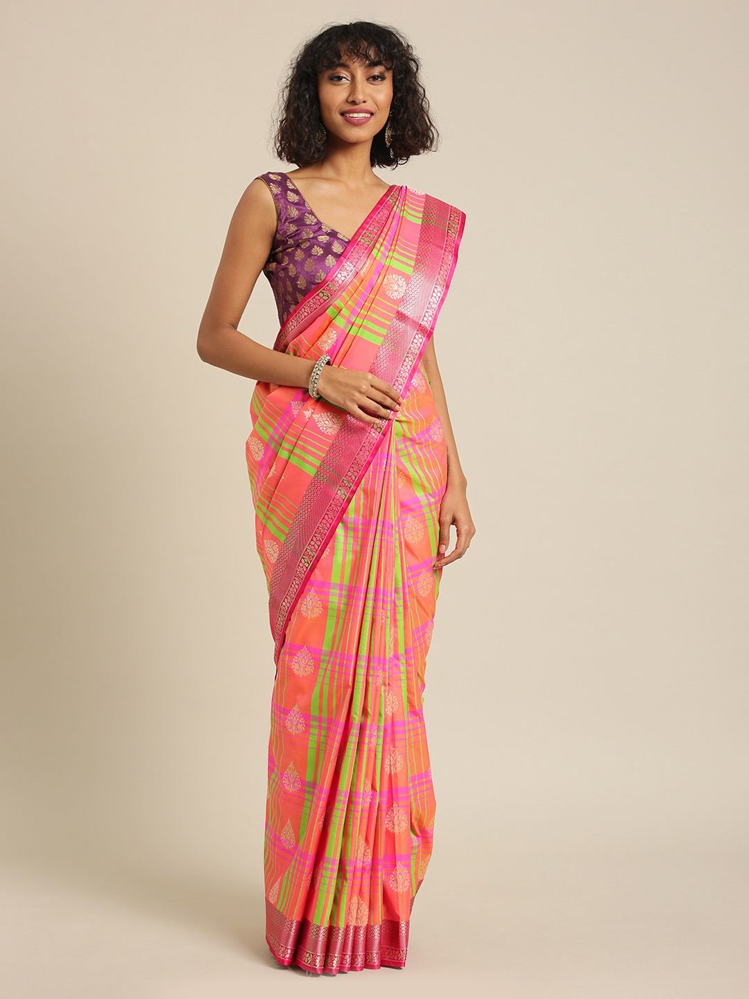 

Mitera Coral & Green Silk Blend Woven Design Kanjeevaram Saree