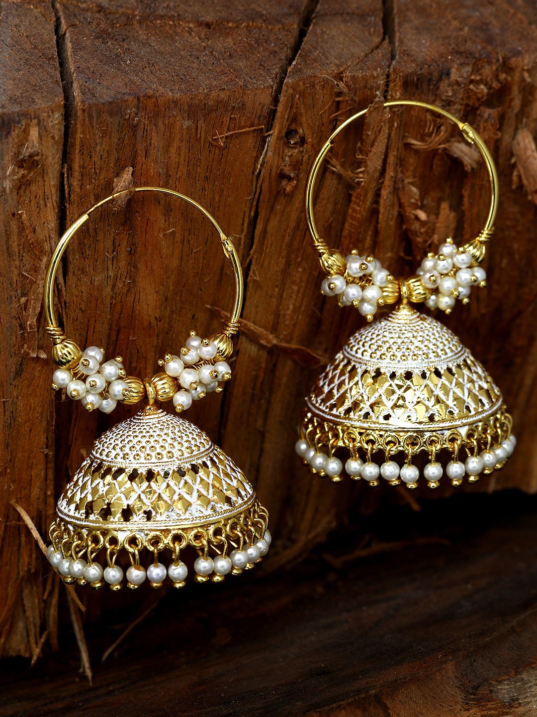 

ANIKAS CREATION White & Gold-Plated Enamelled Dome Shaped Jhumkas
