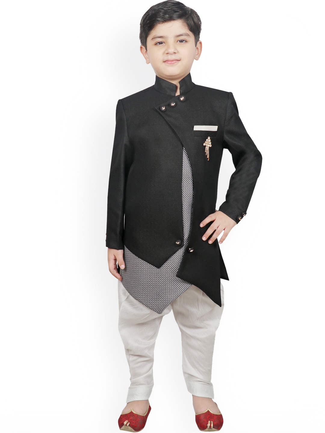 

SG YUVRAJ Boys Black & White Solid Silk Sherwani