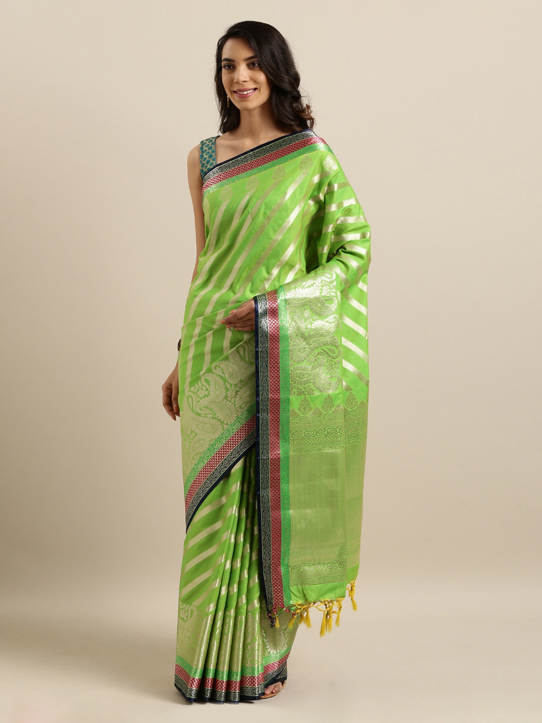 Mitera Fluorescent Green Silk Blend Woven Design Kanjeevaram Saree