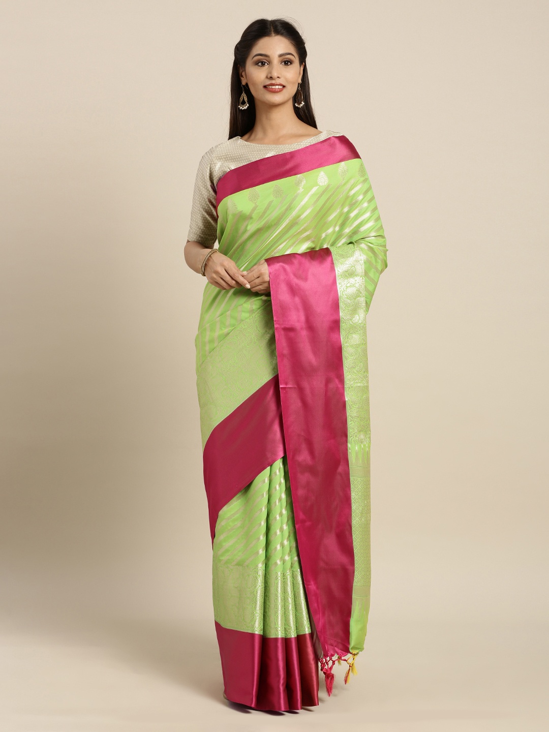 

Mitera Green & Pink Silk Blend Striped Kanjeevaram Saree