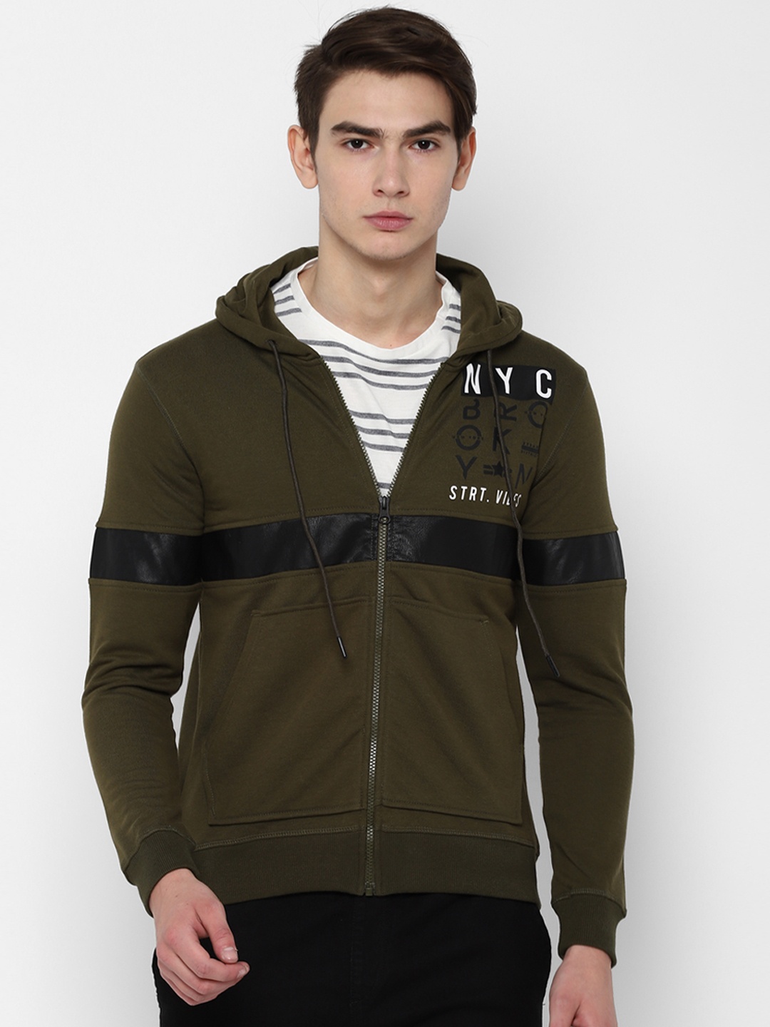 

People Men Olive Green Printed Hooded Sweatshirt