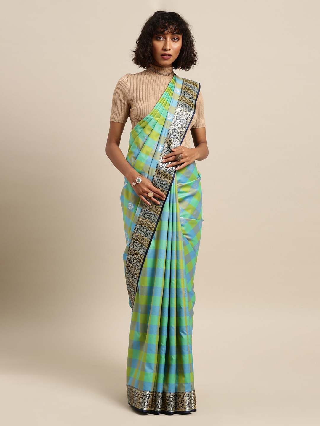 

Mitera Turquoise Blue & Green Silk Blend Checked Kanjeevaram Saree