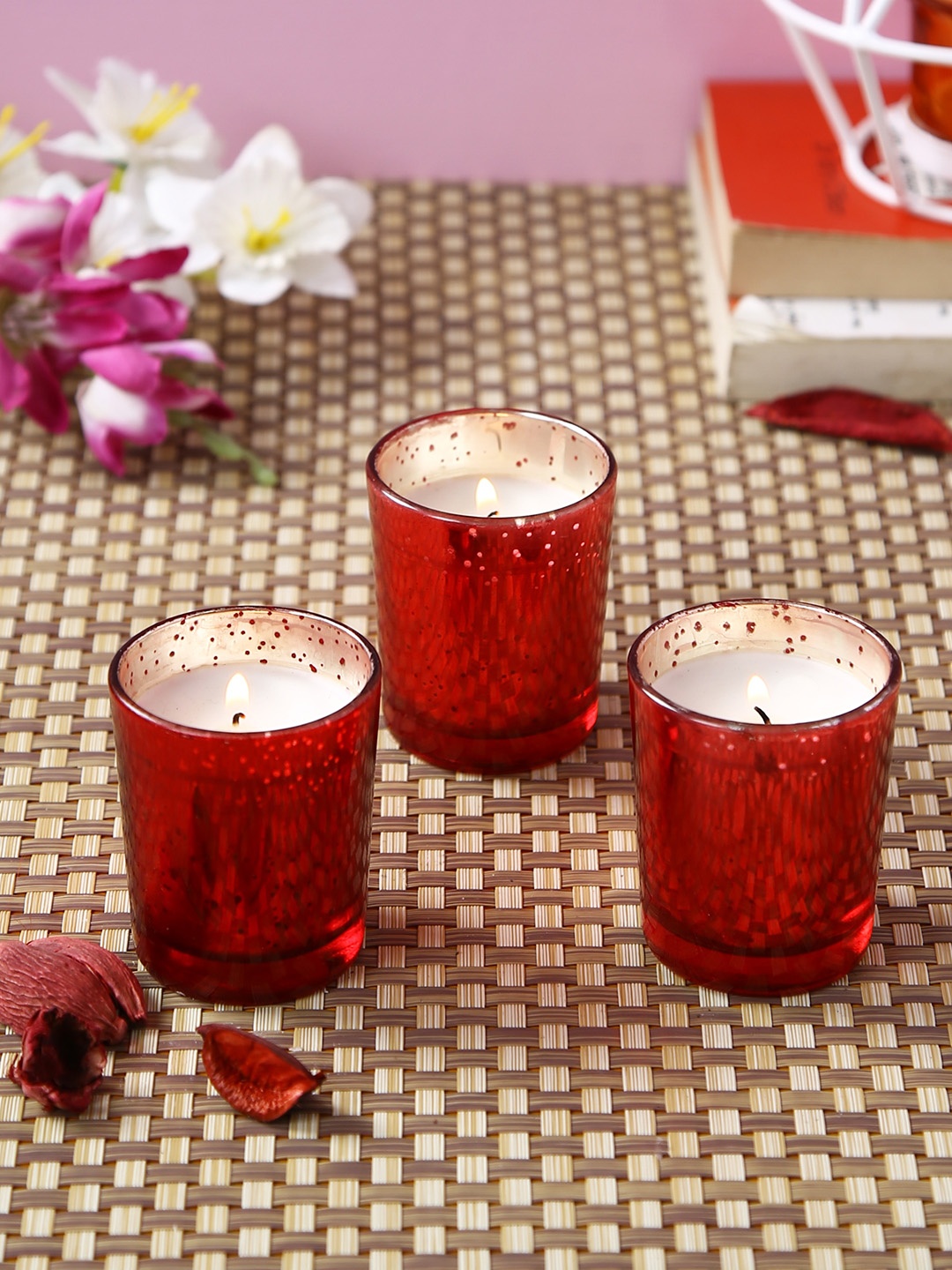 

Hosley Set of 3 Red Fragrance Metallic Glass Decoration Candles