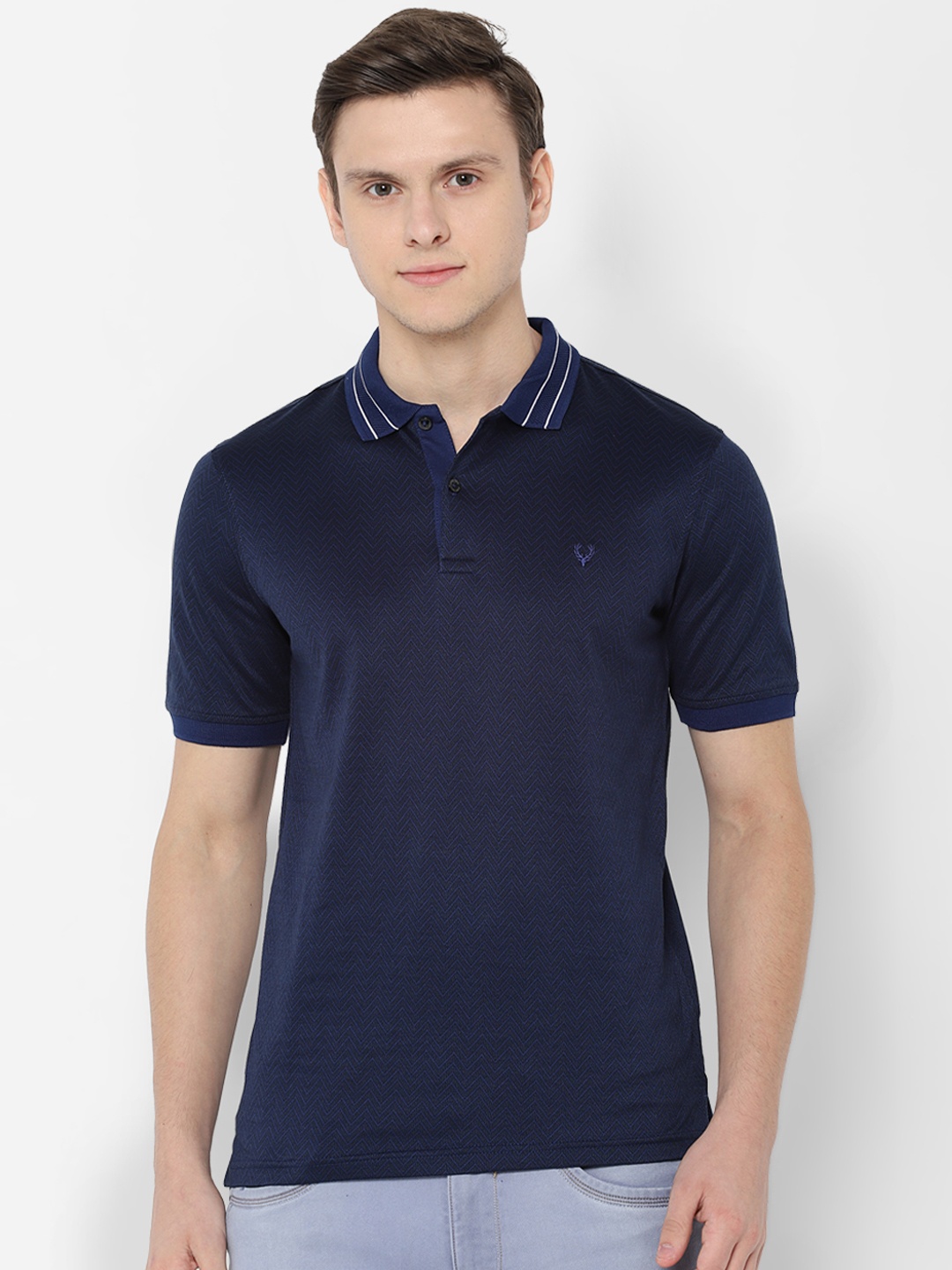 Allen Solly Men Navy Blue Solid Polo Collar Pure Cotton T-shirt