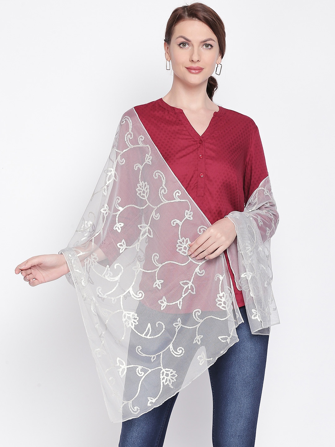 

Style Quotient Women White & Silver-Toned Embellished Scarf