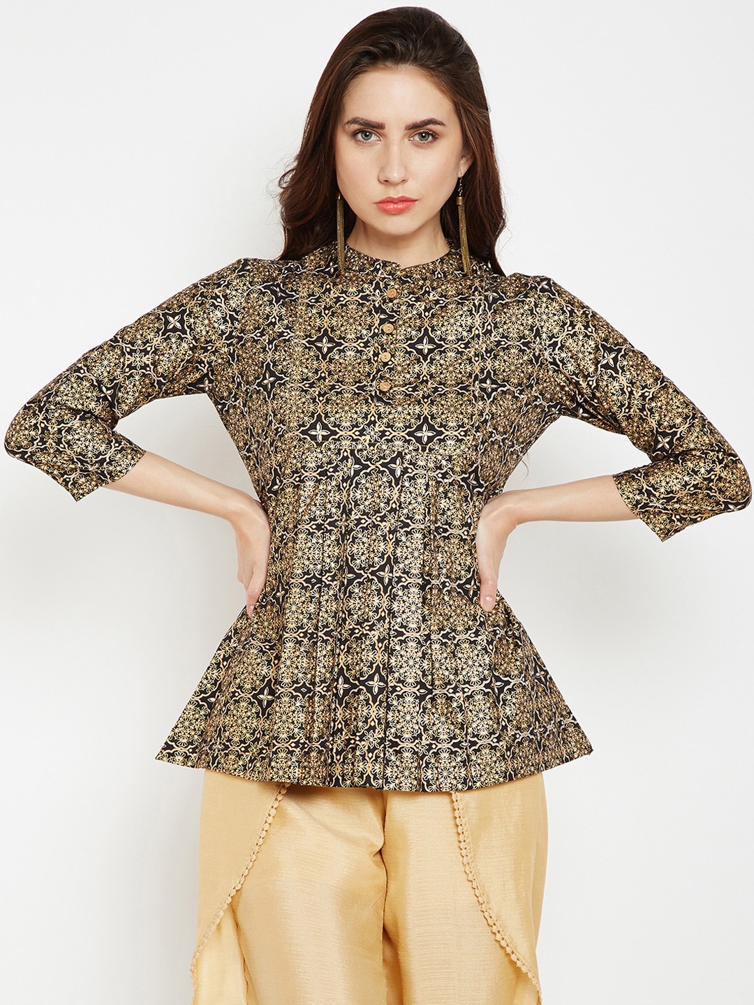 Be Indi Women Black & Beige Printed Straight Kurti