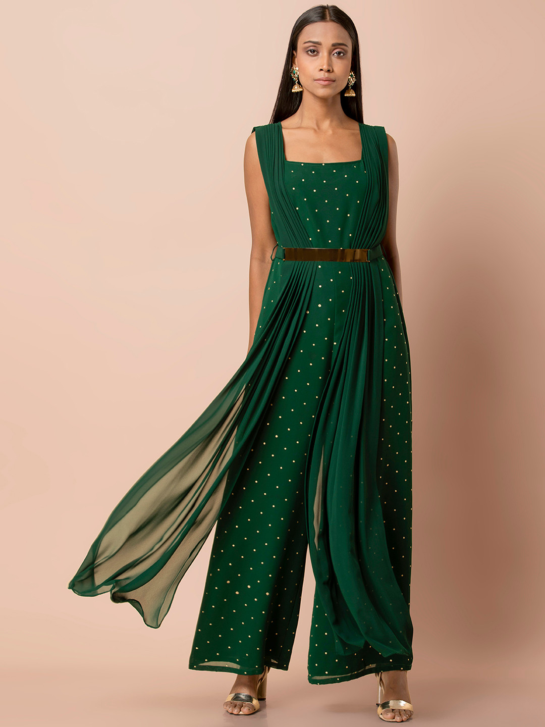 

INDYA Women Green Polka Double Dupatta Jumpsuit with Embroidered Belt