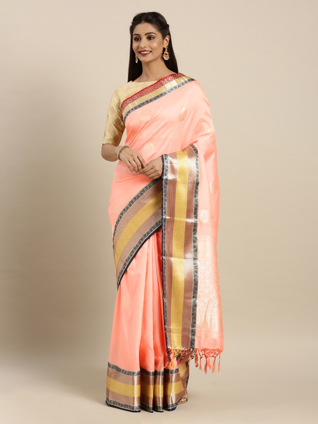

Mitera Peach-Coloured Silk Blend Woven Design Kanjeevaram Saree
