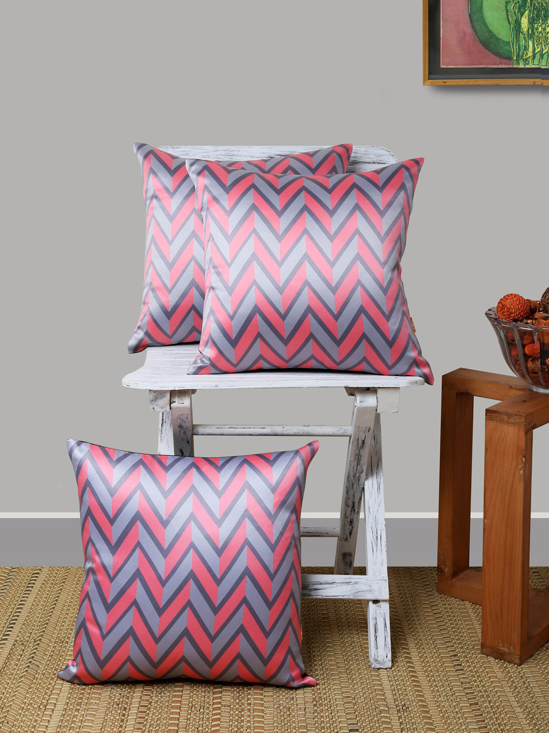 

ANS Pink & Grey Set of 3 Geometric Square Cushion Covers