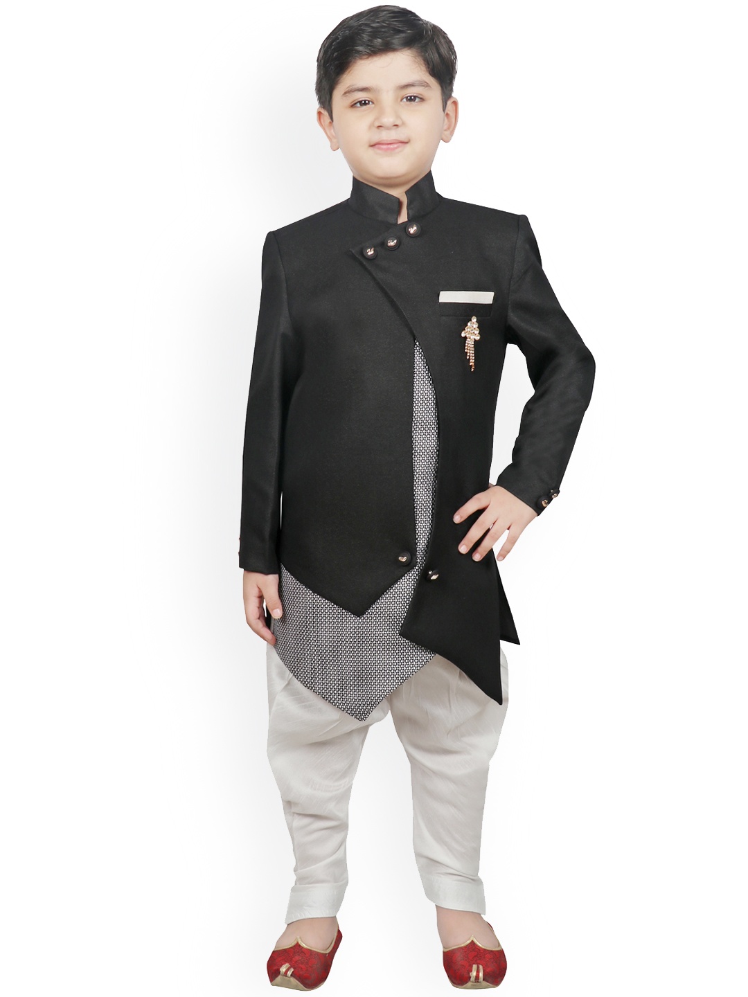 

SG YUVRAJ Boys Black & White Solid Silk Sherwani