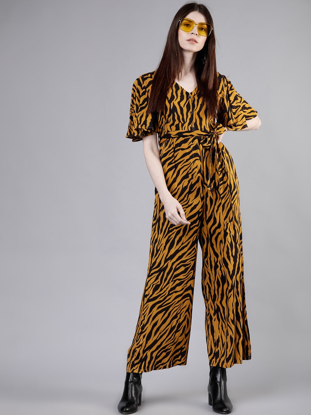 

Tokyo Talkies Women Mustard Yellow & Black Printed Basic Jumpsuit