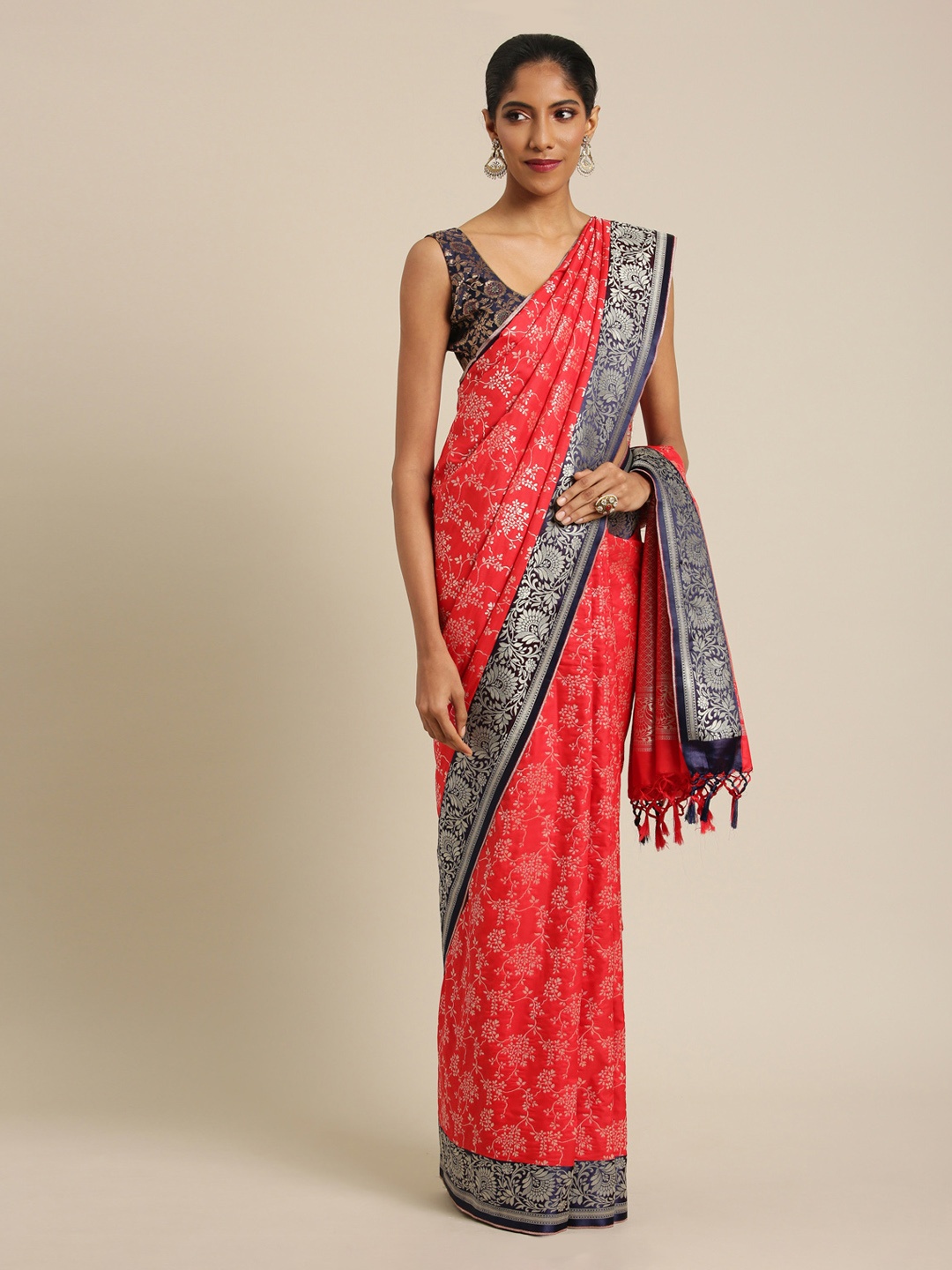 

Mitera Red & Navy Blue Silk Blend Woven Design Banarasi Saree