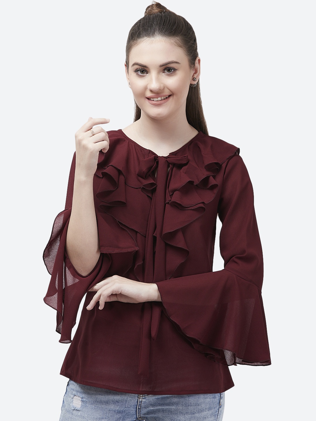 Indietoga Women Maroon Solid Ruffled Top