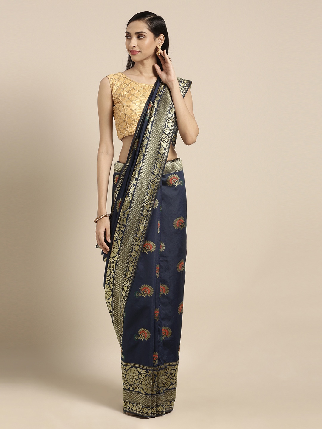 

Mitera Navy Blue Silk Cotton Woven Design Banarasi Saree