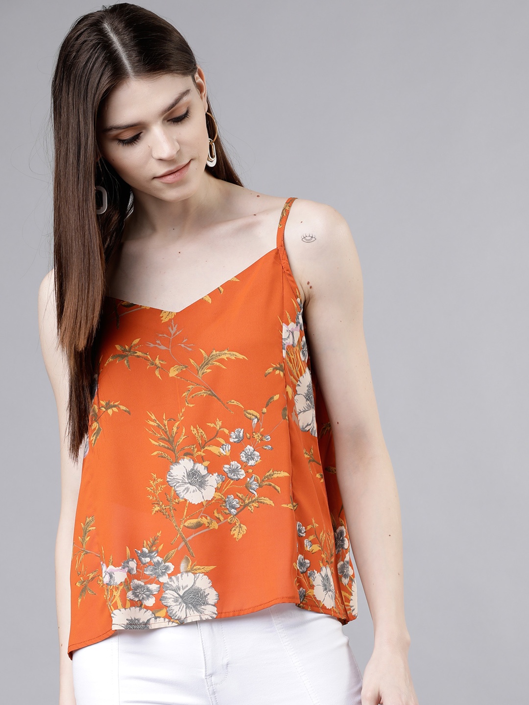 

Tokyo Talkies Women Orange Floral Print A-Line Top