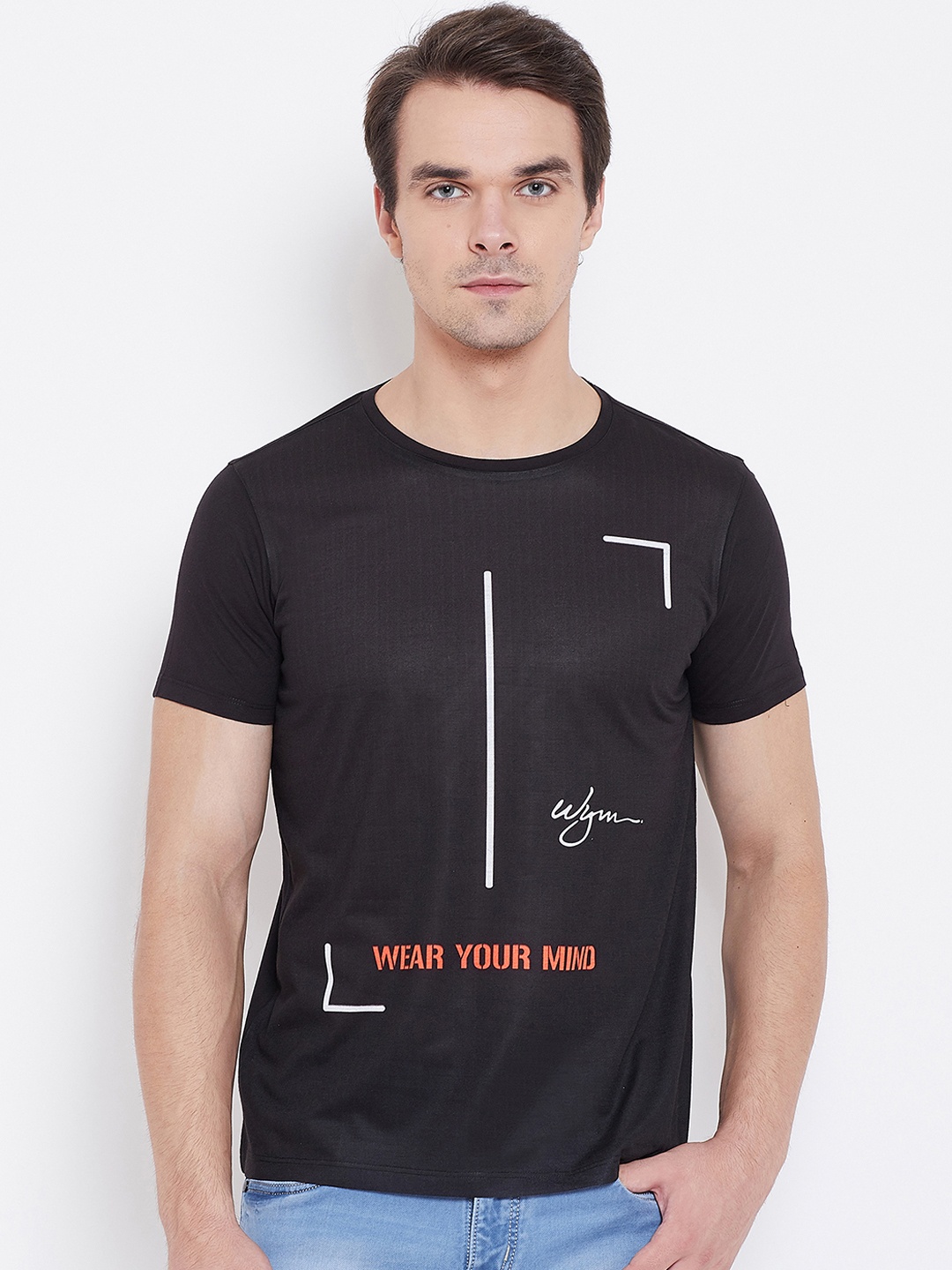 Wear Your Mind Men Black Printed Round Neck T-shirt