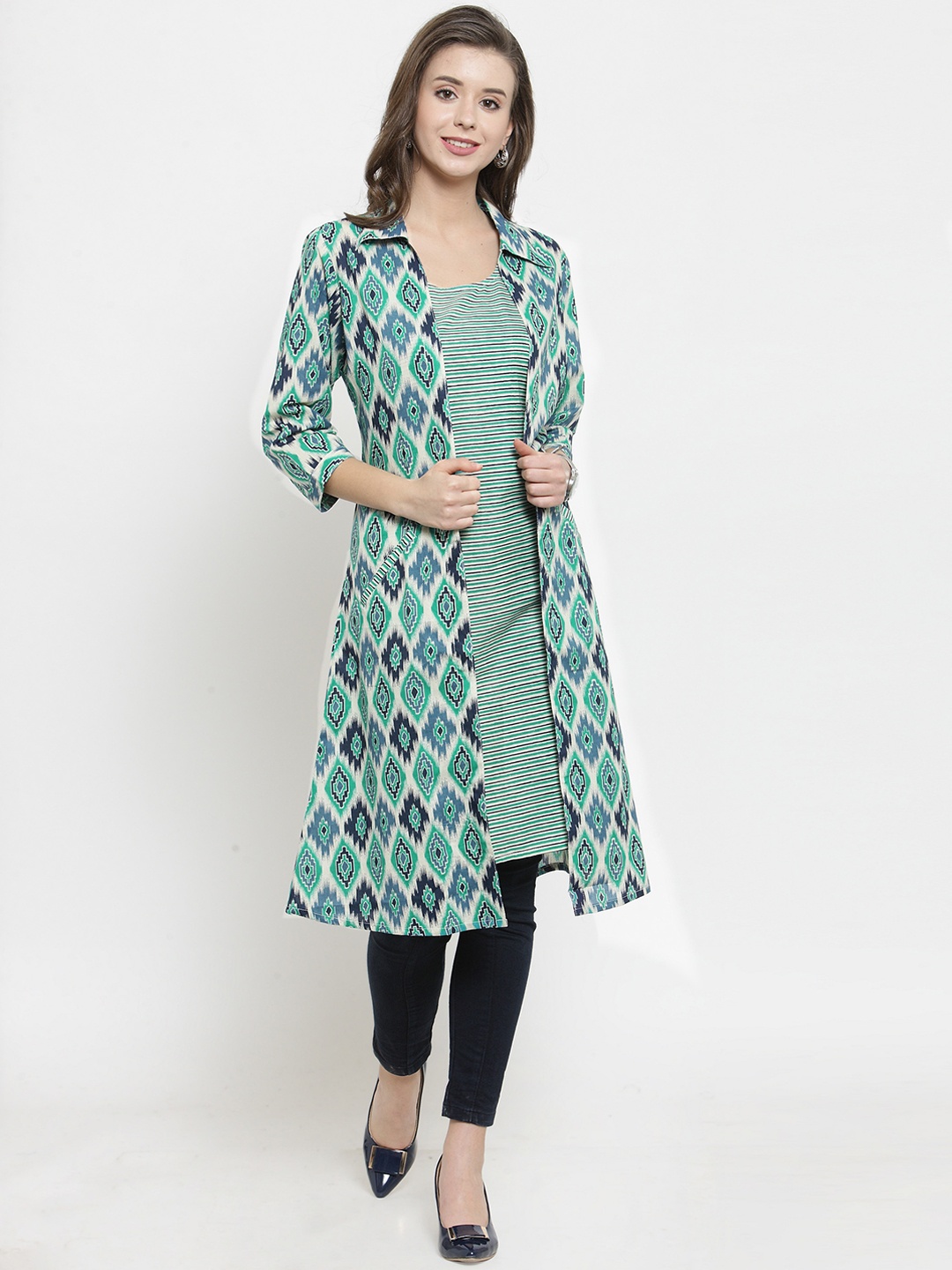 

Get Glamr Women Green & Black Striped A-Line Kurta with Longline Shrug