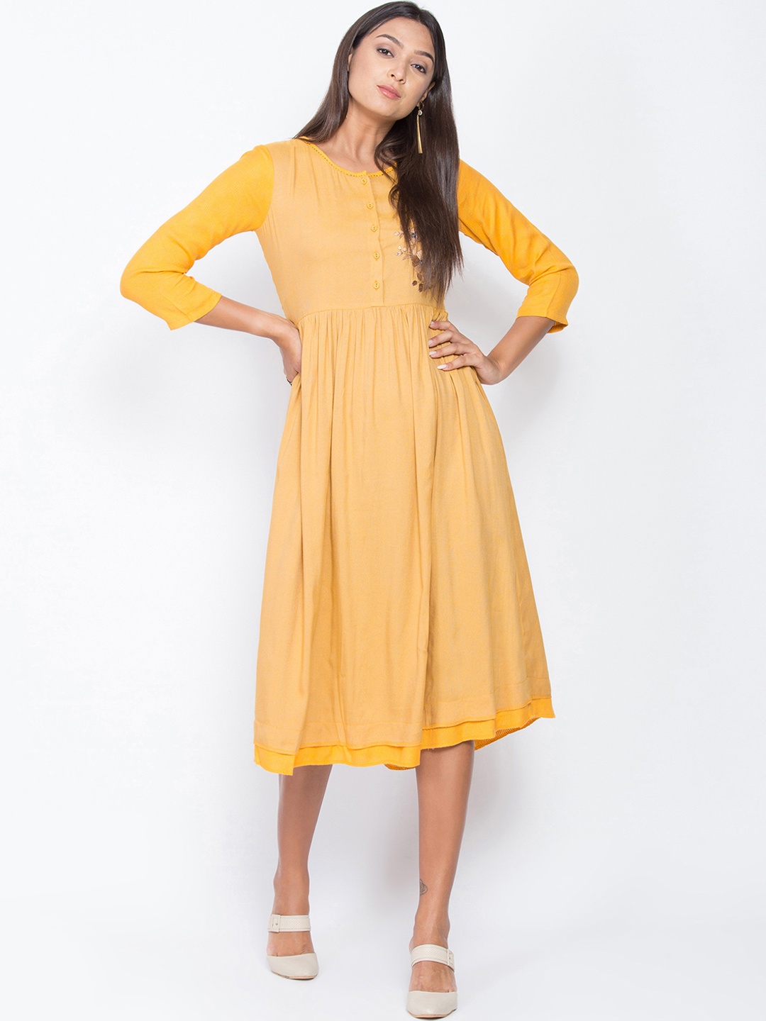 

Be Indi Women Embellished Yellow Fit and Flare Dress