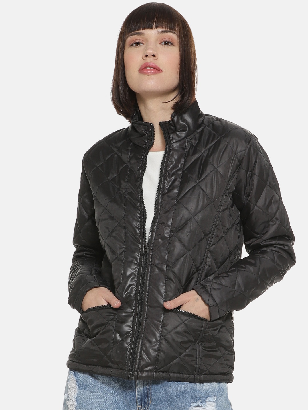 Campus Sutra Women Black Solid Water Resistant Quilted Jacket