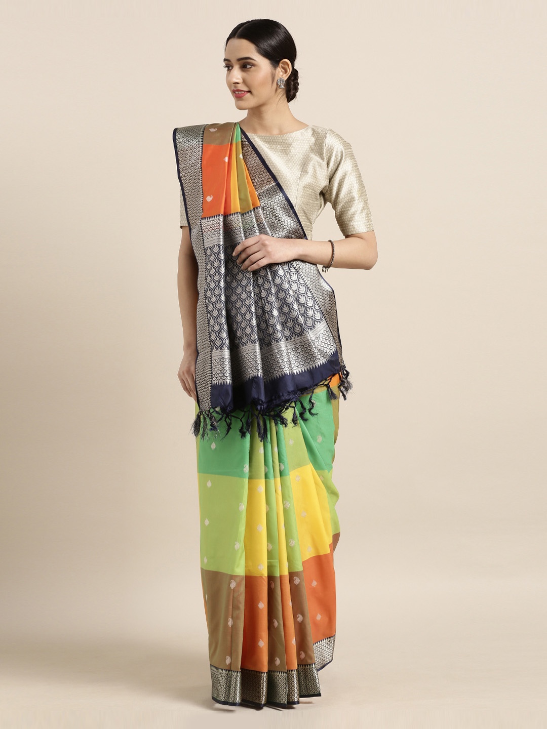 

Mitera Yellow & Green Silk Blend Woven Design Kanjeevaram Saree