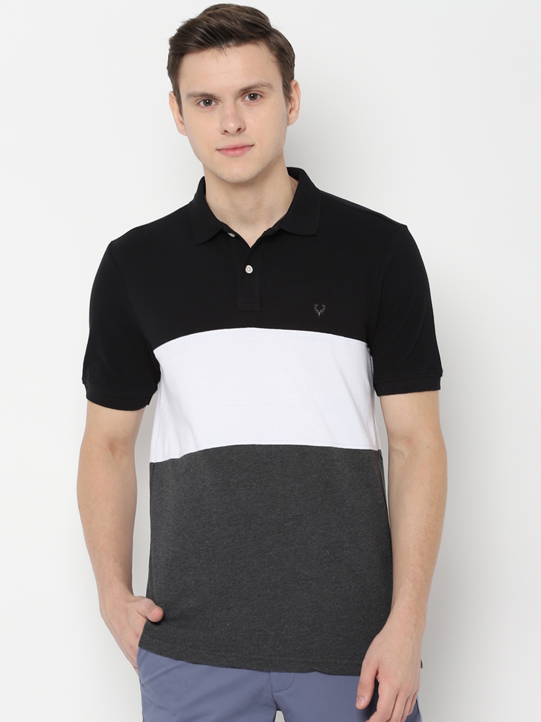 

Allen Solly Men Grey White Colourblocked Polo Collar Pure Cotton T-shirt