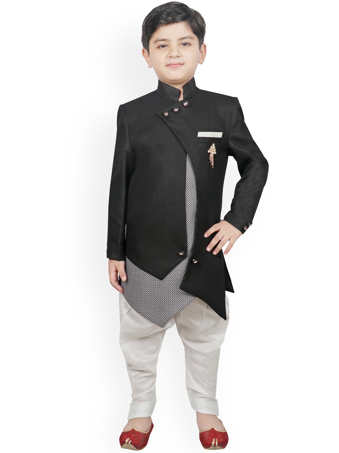 

SG YUVRAJ Boys Black & White Solid Silk Sherwani