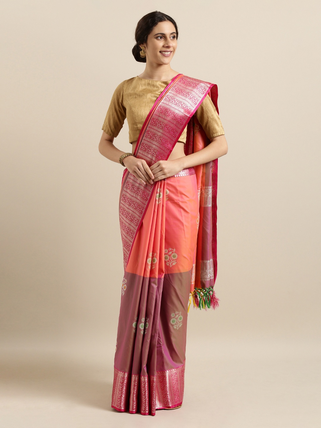 

Mitera Coral Orange & Mauve Silk Blend Woven Design Kanjeevaram Saree
