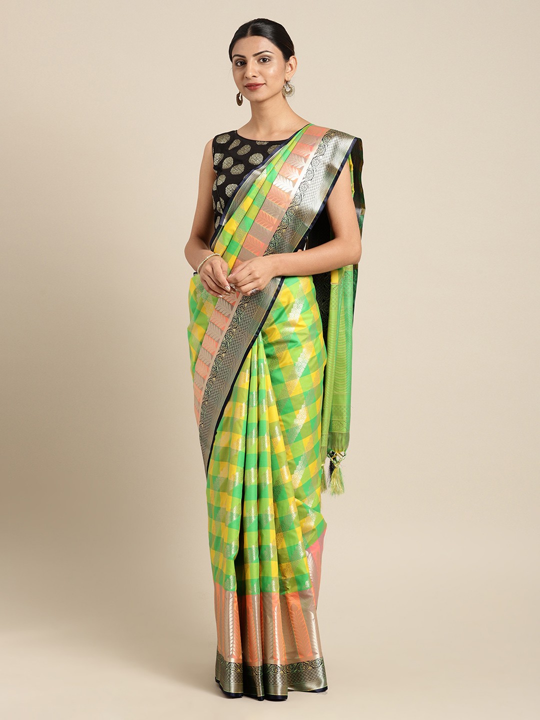 

Mitera Green & Yellow Silk Blend Checked Kanjeevaram Saree