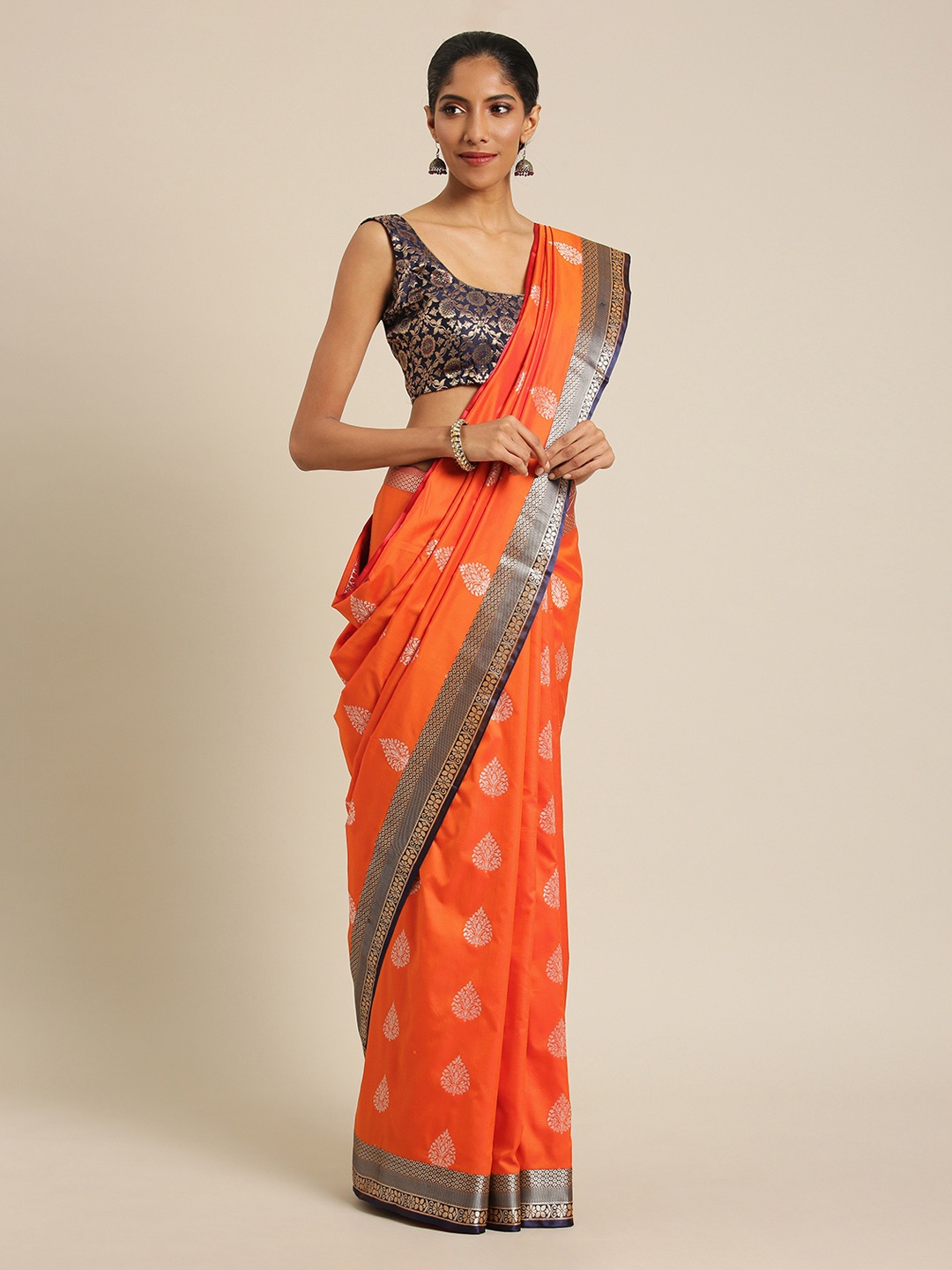 

Mitera Orange & Navy Blue Silk Blend Woven Design Kanjeevaram Saree