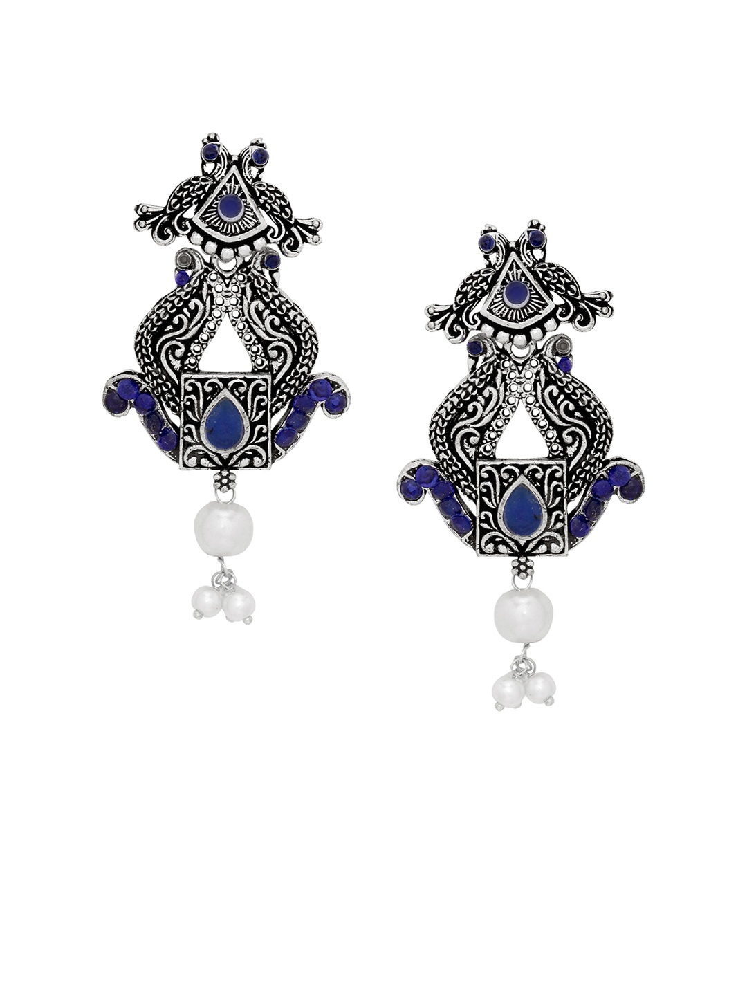 

Silvermerc Designs Blue Silver-Plated Handcrafted Turquoise & Pearls Studded Drop Earrings