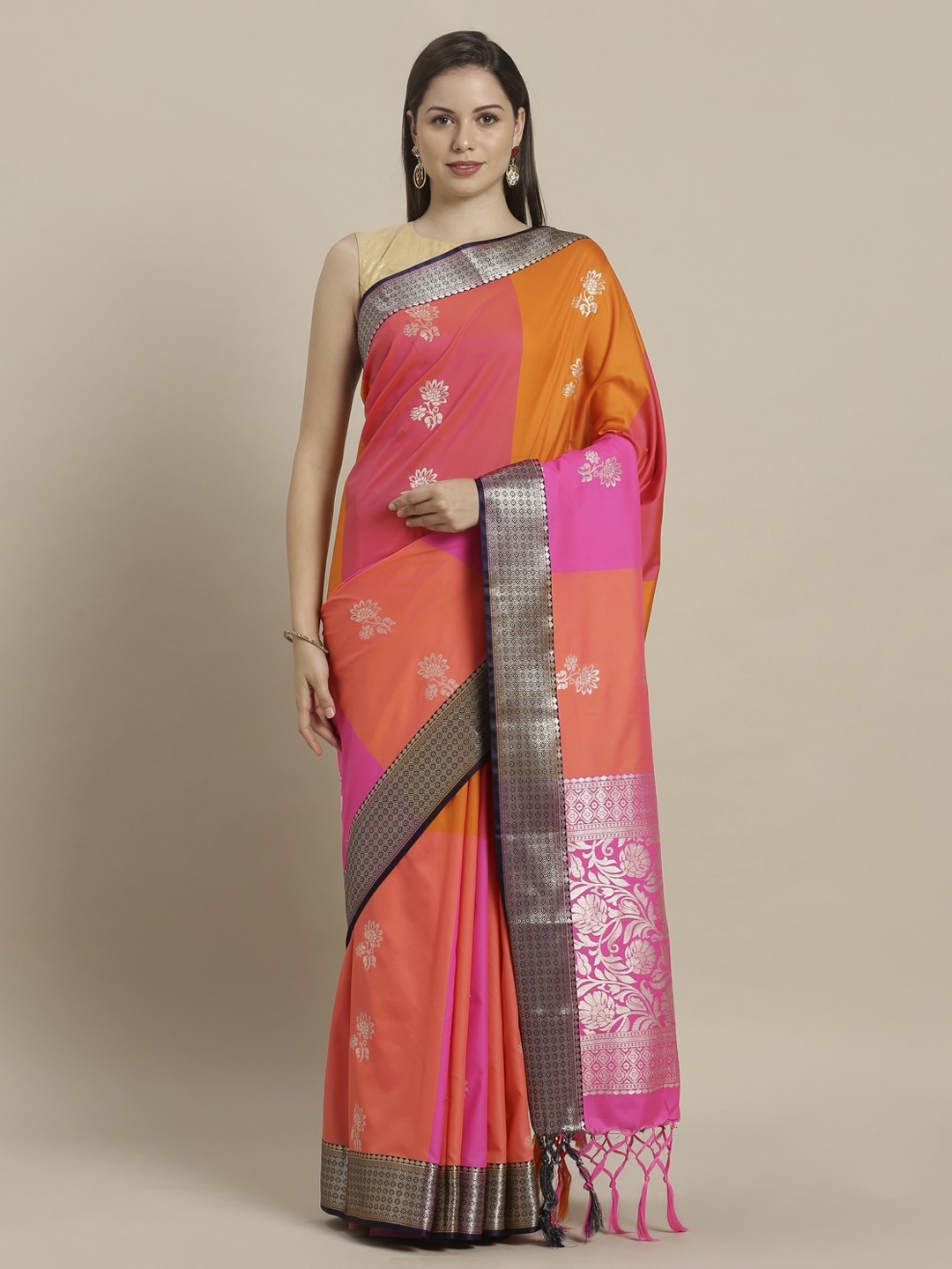 

Mitera Magenta & Orange Silk Blend Woven Design Kanjeevaram Saree