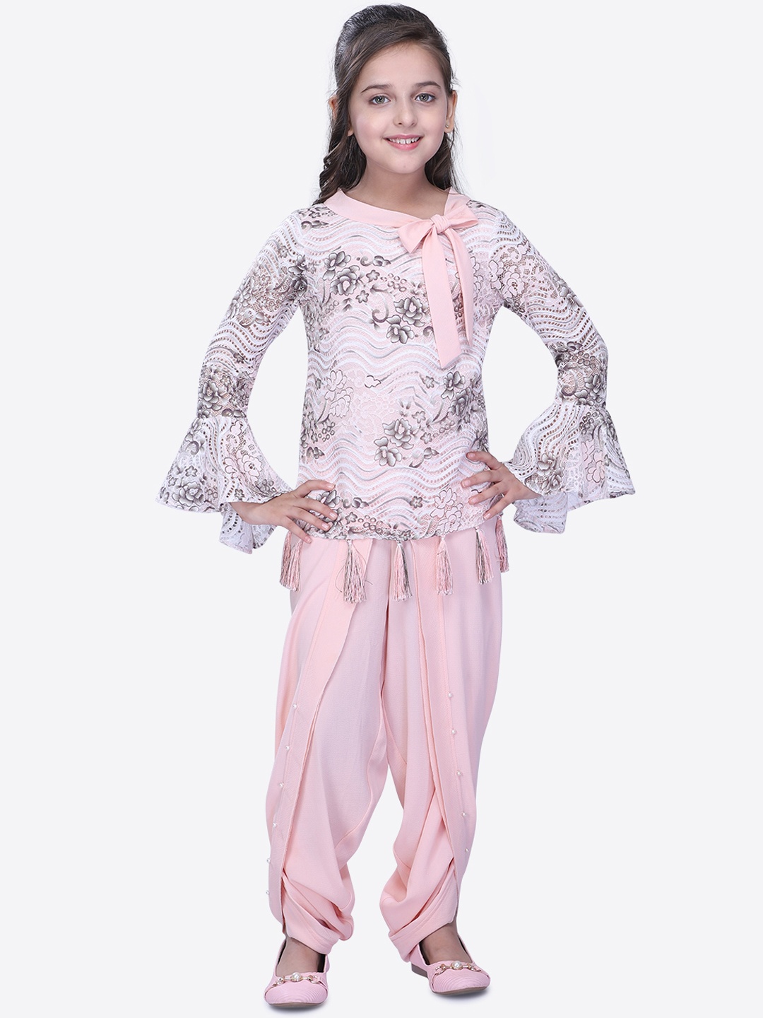 

CUTECUMBER Girls Pink & Taupe Printed Top with Dhoti Pants