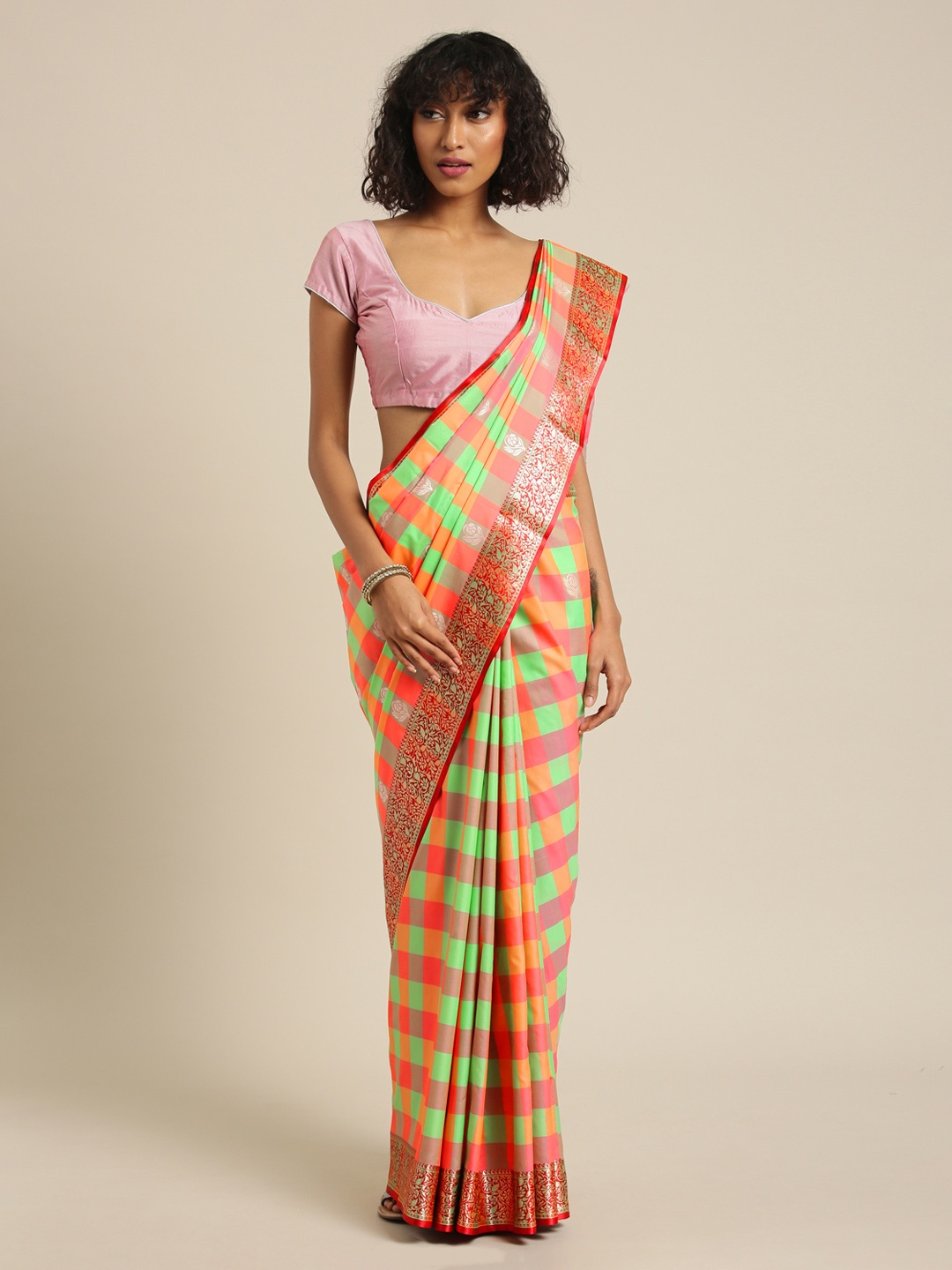 

Mitera Orange & Green Silk Blend Woven Design Kanjeevaram Saree