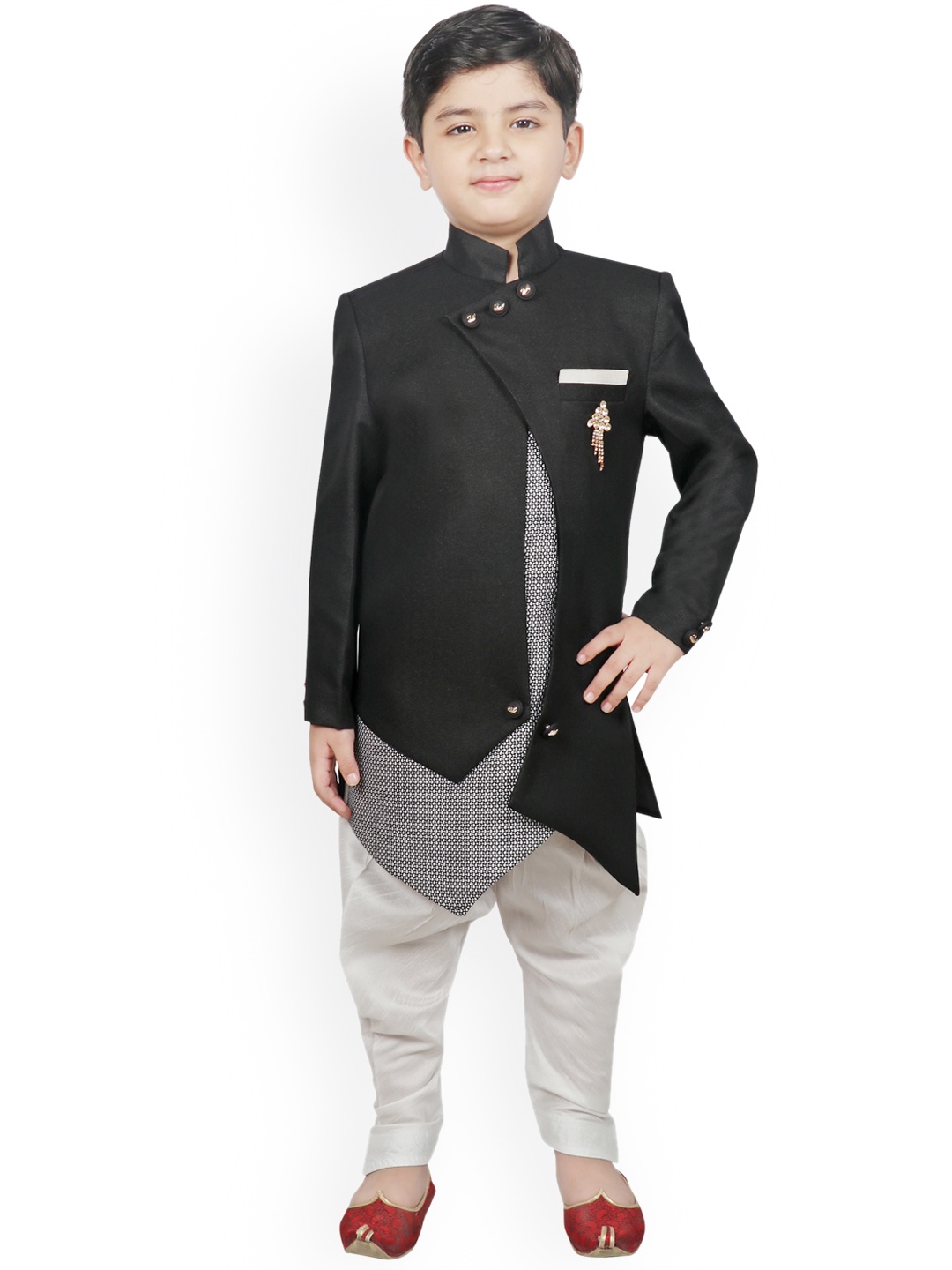 

SG YUVRAJ Boys Black & White Solid Silk Sherwani