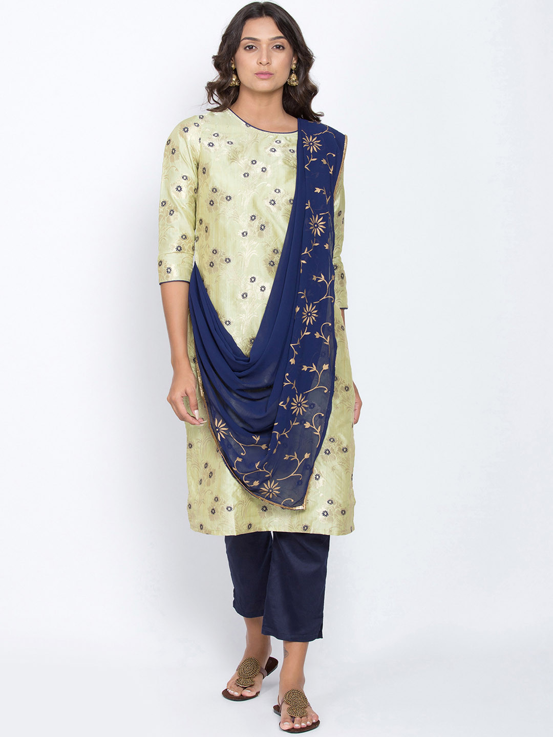 

Be Indi Women Green Printed Straight Kurta With Attached Dupatta