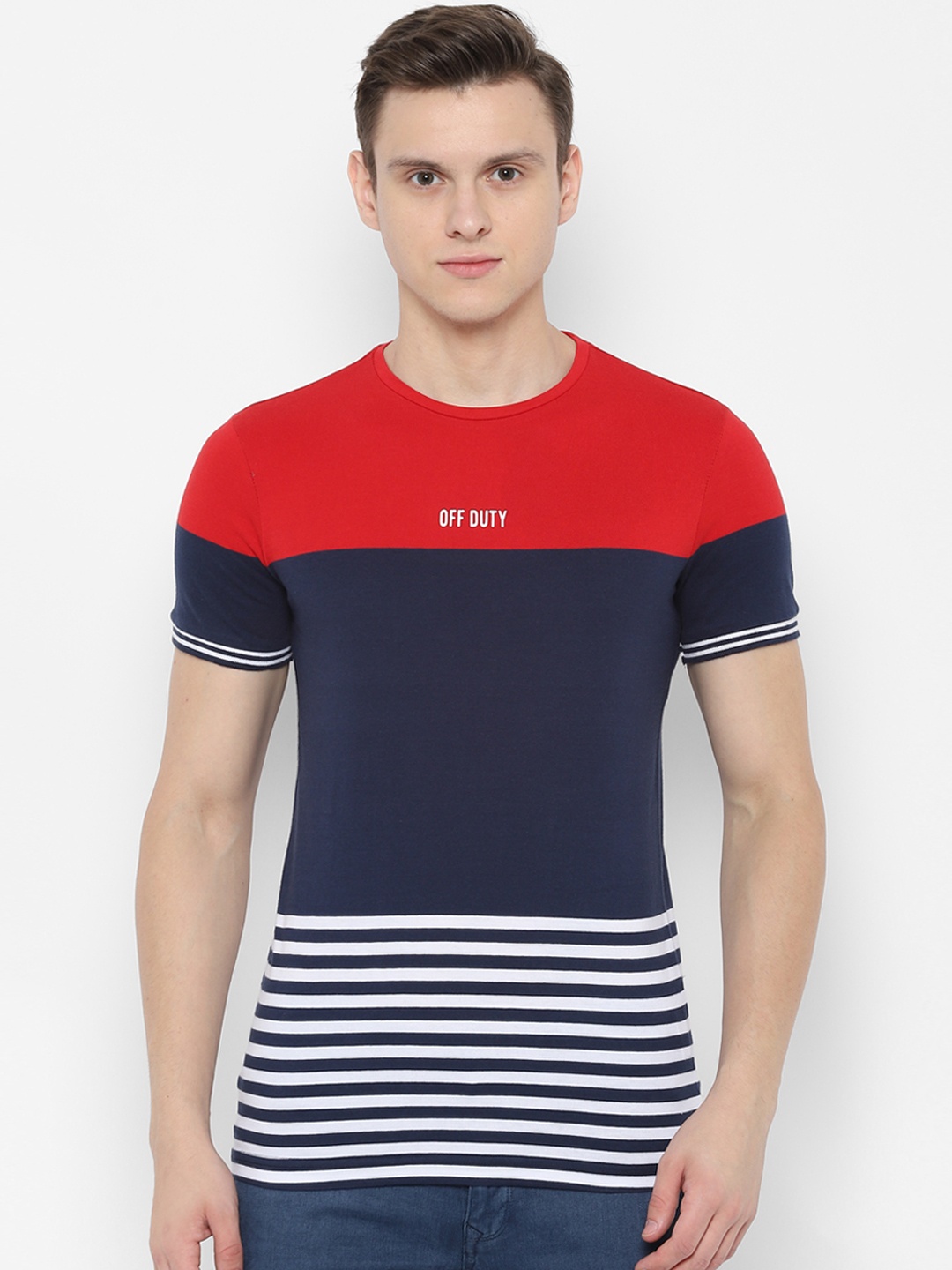 

People Men Navy Blue Striped Round Neck Pure Cotton T-shirt
