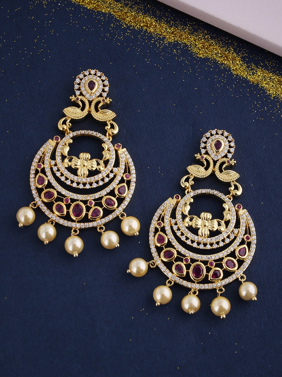 

Voylla Gold-Plated & White Crescent Shaped Drop Earrings