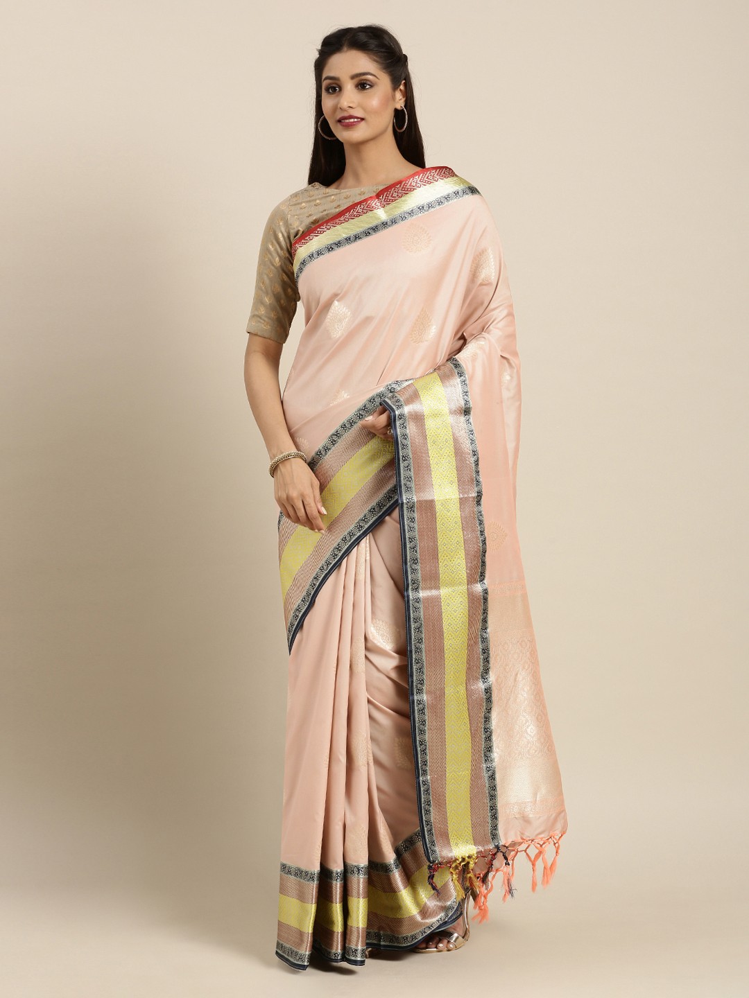 

Mitera Cream-Coloured Silk Blend Woven Design Kanjeevaram Saree