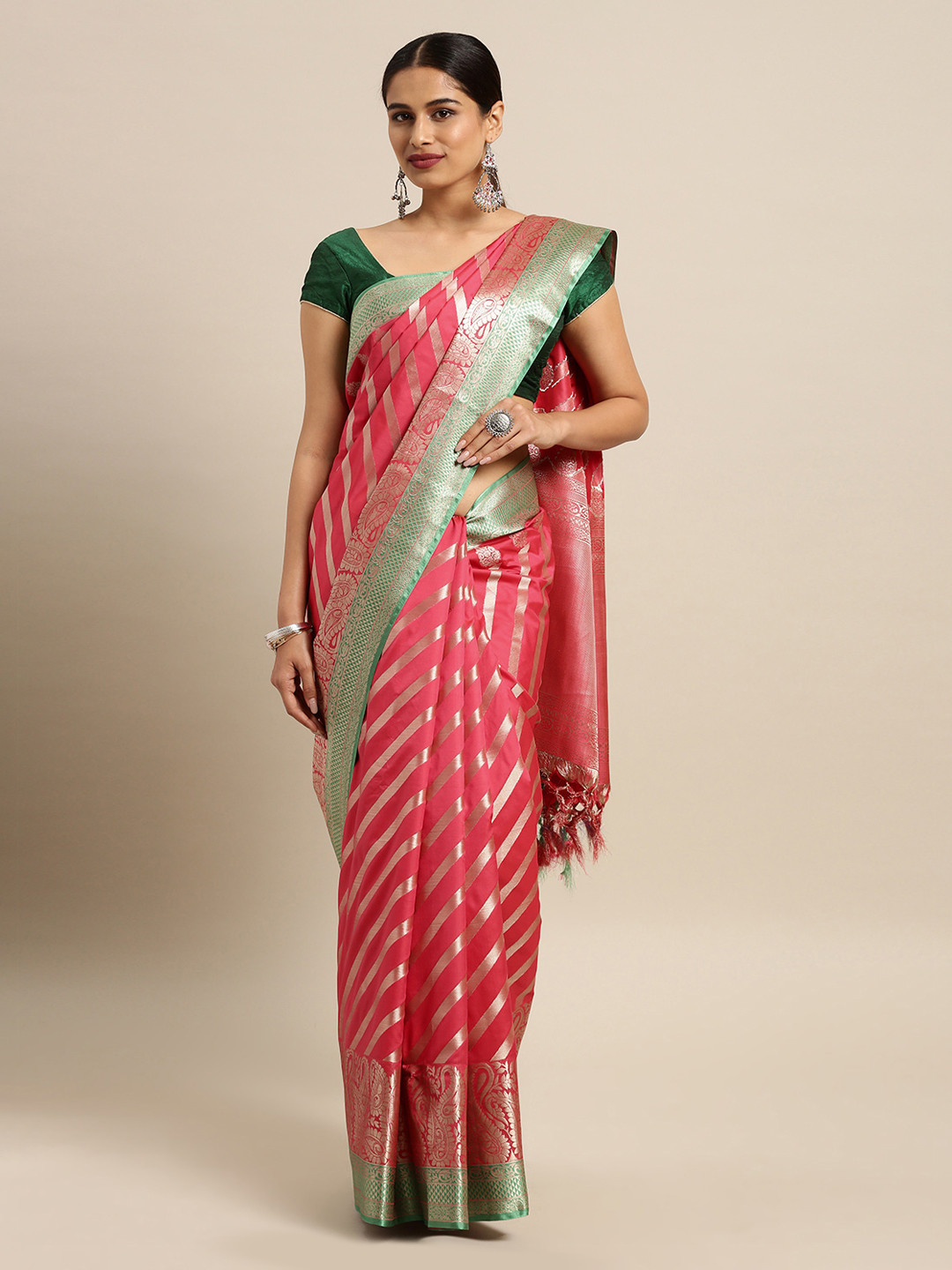 

Mitera Pink & Green Silk Blend Striped Kanjeevaram Saree