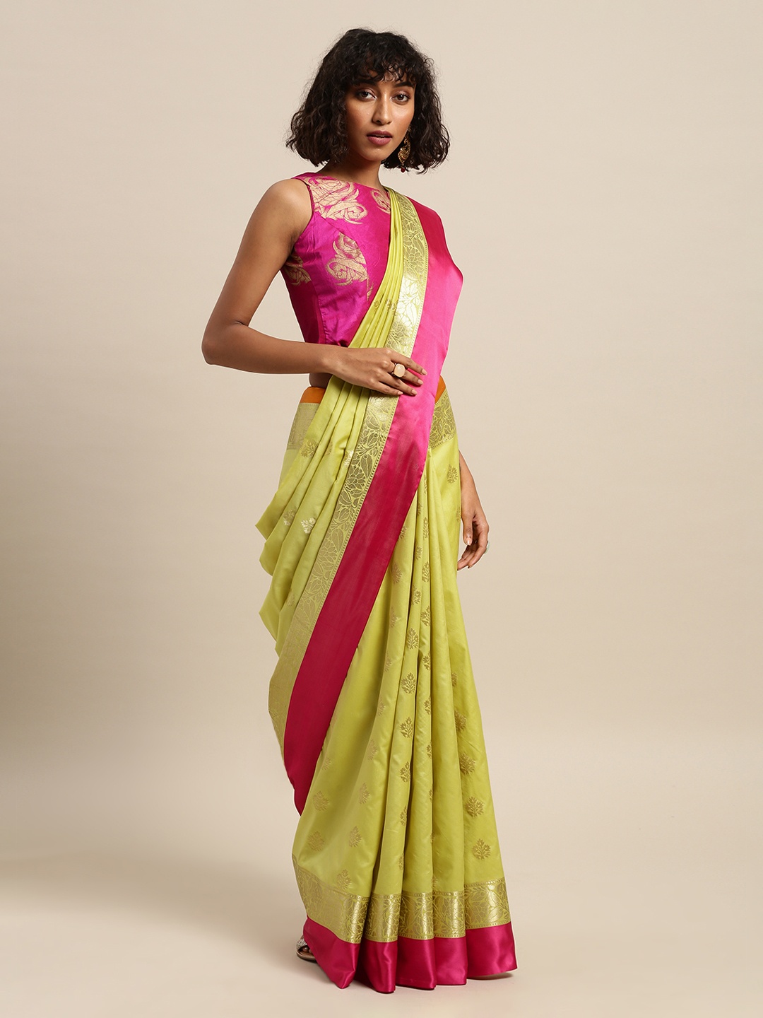 

Mitera Lime Green Silk Blend Woven Design Kanjeevaram Saree