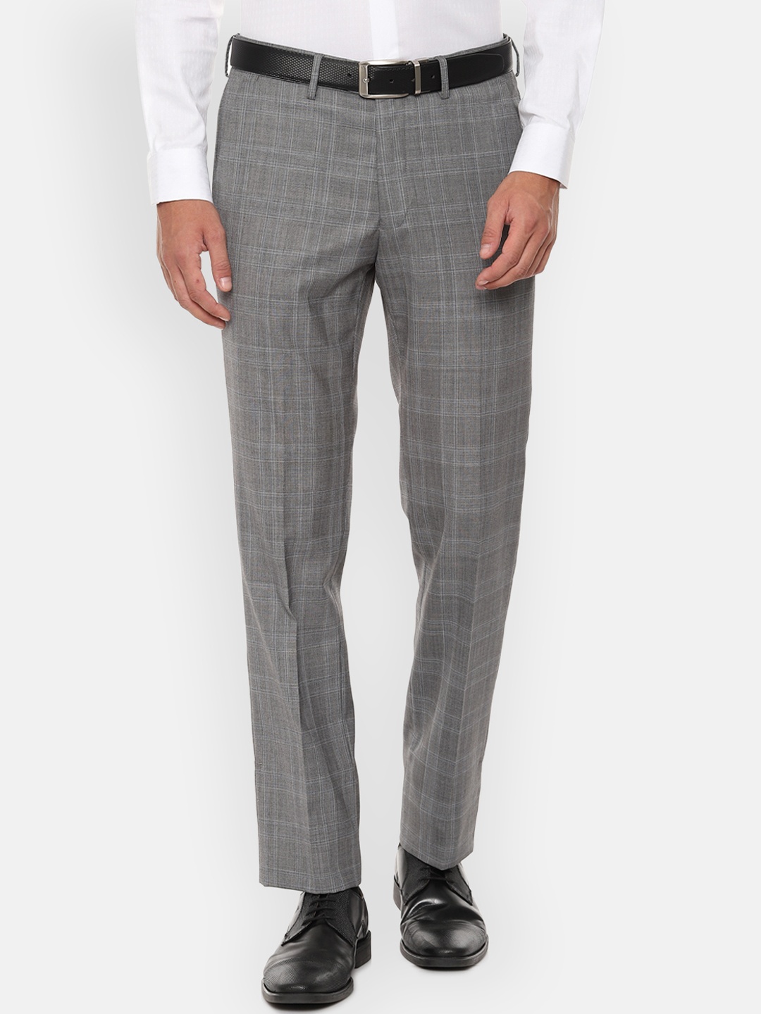 Van Heusen Men Grey Slim Fit Checked Formal Trousers