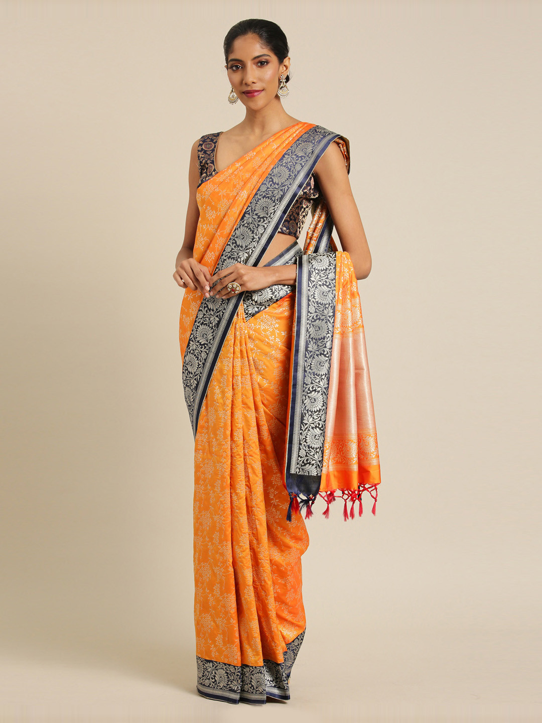 

Mitera Orange & Navy Blue Silk Blend Woven Design Banarasi Saree