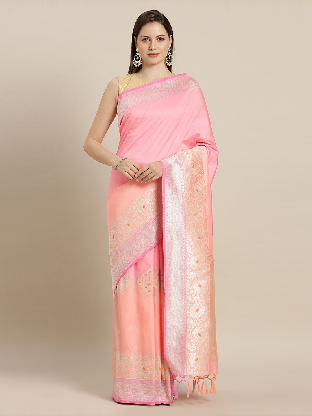 

Mitera Pink & Peach-Coloured Silk Blend Woven Design Kanjeevaram Saree