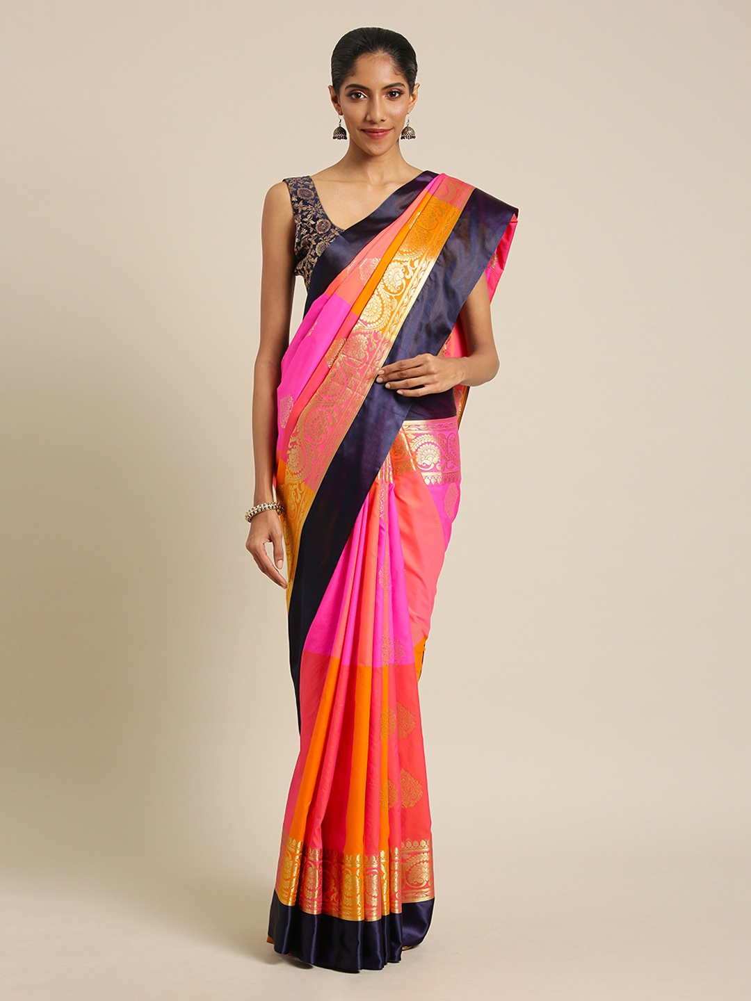 

Mitera Pink & Orange Silk Blend Woven Design Kanjeevaram Saree