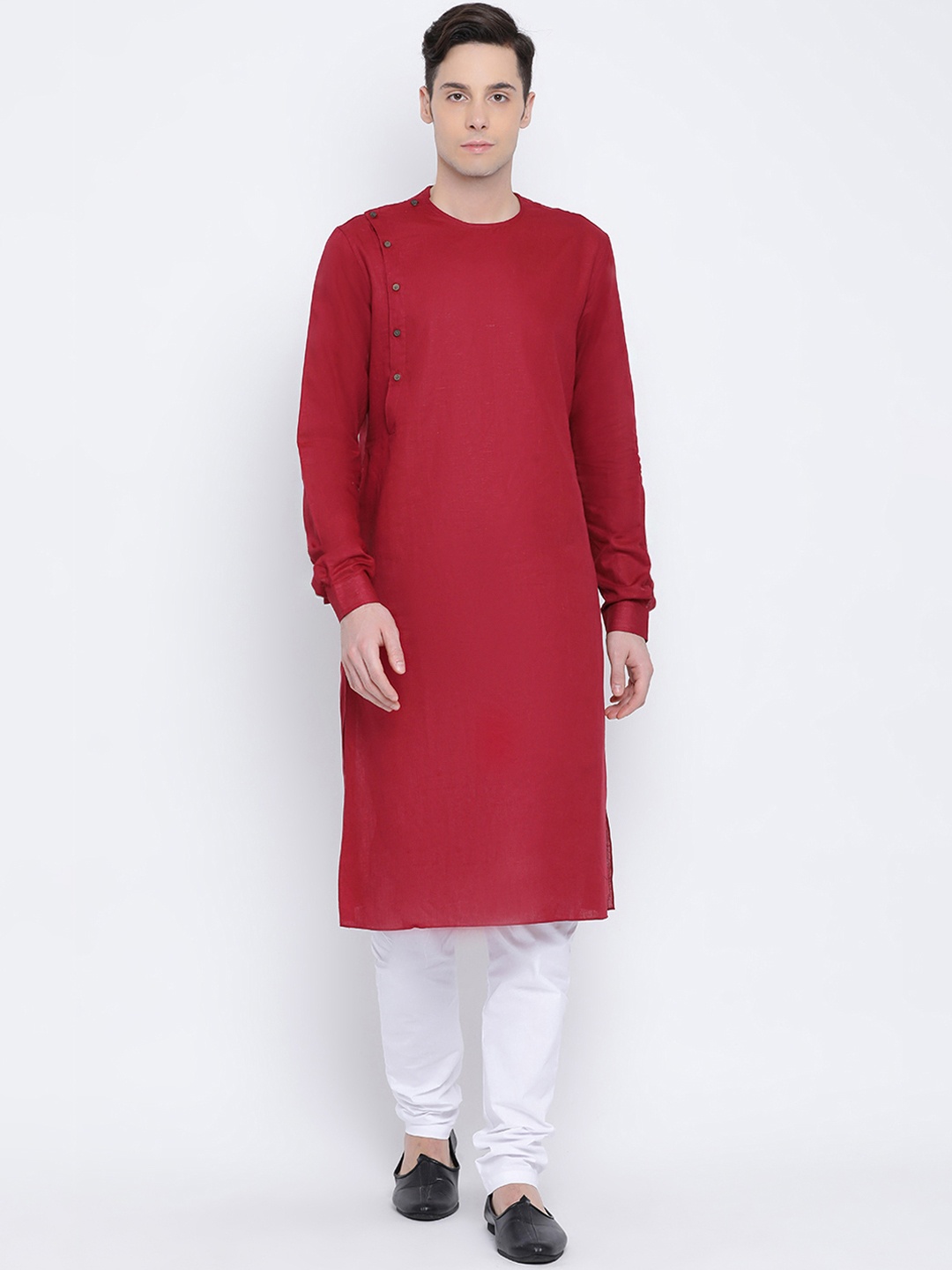 

NAMASKAR Men Maroon & White Solid Kurta with Churidar